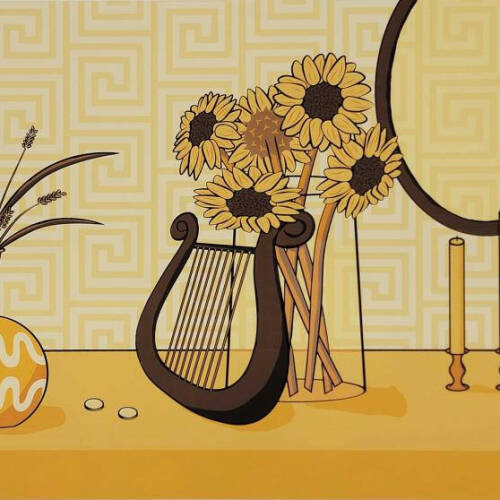 A print of sunflowers in a vase with a lute and mirror nearby.